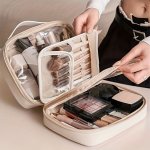1PC Travel Makeup Bag - Pu Leather Double Layer Make Up Bag Clear Cosmetic Bag With Zipper Large Makeup Bags For Women Cosmetic