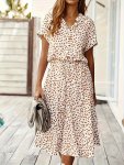 Allover Print Button Front Dress Elegant Short Sleeve Cinched Waist A-line Midi Dress For Spring & Summer Women's Clothing