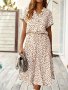 Allover Print Button Front Dress Elegant Short Sleeve Cinched Waist A-line Midi Dress For Spring & Summer Women's Clothing
