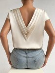 Solid Color V-neck Loose Blouse Elegant Short Sleeve Blouse For Spring & Summer Women's Clothing