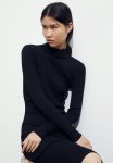 Rib-knit Turtleneck Dress - Black