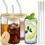 4PCS Set: Bamboo Lids Reusable Straws & Cleaning Brush - High Borosilicate Glass Drinking Cups For Milk Tea & Juice