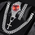 4PCS Men's Fashion Watch & Jewelry Set - Quartz Movement Alloy Band With Rhinestone Necklace And Bracelet Combo