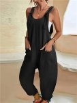Solid Color Pockets Overall Jumpsuit Casual Knot Front Loose Overall Jumpsuit For Spring & Summer Women's Clothing
