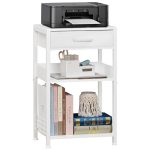 Lerliuo White Printer Stand With Fabric Drawer 3 Tier Industrial Side Table Modern Small Printer Desk Holder With Storage Shelf