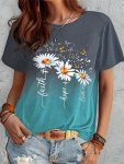 Plus Size Casual T-Shirt Women's Plus Ombre Daisy & Butterfly Print Short Sleeve Round Neck Slight Stretch T-Shirt