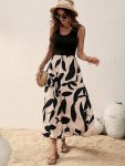 Leaf Print Crew Neck Splicing Dress Elegant Sleeveless Tank Dress For Spring & Summer Women's Clothing
