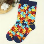 A Pair Of Men's Cartoon Colorful Puzzle Pattern Creative Crew Socks Comfy Casual Soft & Elastic Crew Socks Ideal Gifts For Frien