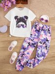 Teen Girls Camouflage 3PCS Short Sleeve Portrait Graphic T-Shirt & Camo Trousers Street Style Sports Suit
