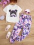Teen Girls Camouflage 3pcs Short Sleeve Portrait Graphic T-Shirt & Camo Trousers Street Style Sports Suit