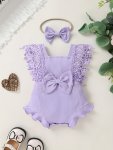 Baby Girls Cute Soft Breathable Solid Crochet Romper With Headband For Casual Party Vacation Outings