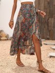 Paisley Print High Waist Skirt Boho Ruffle Trim High-low A-line Skirt For Spring & Summer Women's Clothing
