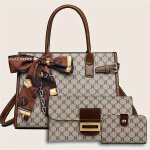 Women's 3 Pcs Classic Elegant Bag Set : Retro Geometric Pattern Tote Bag With Scarf Decor Buckle Decor Square Purse & Credit Car