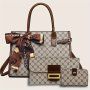 Women's 3 Pcs Classic Elegant Bag Set : Retro Geometric Pattern Tote Bag With Scarf Decor Buckle Decor Square Purse & Credit Card Case