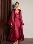 Women's Satin Pajama Set Side Splice Sexy Polka Dot Mesh V-neck Nightgown Robe Cuff Splice 3D Floral Lace