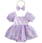Embroided Purple Pull Sleeve Romper And Headband