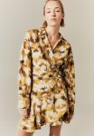 Collared Wrap Dress - Dark Yellow Patterned