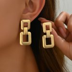 Elegant Square Double Ring Hollow Chain Dangle Earrings - Zinc Alloy With Stainless Steel Posts Perfect For Everyday & Party Wea