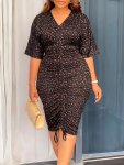 Drawstring Allover Print Bodycon Over Knee Dress Elegant V Neck Short Sleeve Dress For Spring & Summer Women's Clothing