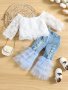 2PCS Girls Long Sleeve T-Shirt Off Shoulder Tops & Mesh Patchwork Ripped Flare Leg Jeans Set Kids Clothes