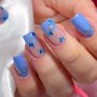 24PCS Blue Butterfly Press On Nails With Silver Glitter Design - Glossy Full Cover Medium Square False Nails For Women And Girls