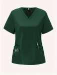 Short Sleeve Stretchy V-neck Top Patched Pockets Comfortable & Functional Health Care Uniform For Nurse Women's Clothing