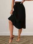 Solid Elastic High Waist Ribbed Skirt Casual A-line Skirt For Spring & Summer Women's Clothing
