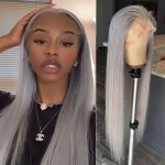 Elegant Straight Lace Front Wig 13X4 High Temperature Fiber Women's Natural Gray Synthetic Pre-plucked No Glue Wig 180% Density 