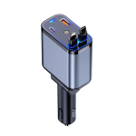 Car Charger 4 In 1 With Dual Retractable Cable Dual Port USB C Pd Fast Charging Car Plug Adapter With Voltage Display