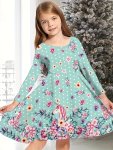 Cool Christmas Night Graphic Long Sleeve Dress Girls Crew Neck Dresses Kids Gift Halloween Christmas