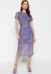 Printed Short Sleeve Crew Neck Midi Tulle Pencil Dress - Blue