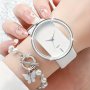 2PCS/SET Casual Hollow Out Quartz Watch Analog Pu Leather Wrist Watch & Butterfly Bracelet Gifts For Women Her