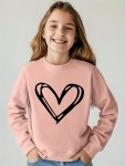 Simple Heart Graphic Print Girls Stylish & Trendy & Cozy Round Neck Long Sleeve Sweatshirt For Autumn & Winter Daily Wear