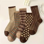 5 Pairs Argyle Print Socks Retro & Warm Mid Tube Socks Women's Stockings & Hosiery