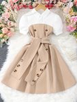 Splicing Button Decor Short Sleeve Strapped Dress For Girls Summer Gift