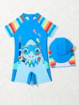 Baby Boys' One-piece Swimsuit With Cap Cute Cartoon Shark Print Quick Dry Sun Protection Blue Multi-color Stripes Summer Beachwe