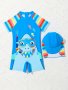 Baby Boys' One-piece Swimsuit With Cap Cute Cartoon Shark Print Quick Dry Sun Protection Blue Multi-color Stripes Summer Beachwear For Toddlers