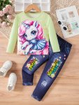 Lovely Girls Unicorn Print 2PC Set Pullover + Silky Legging Set Spring Fall Gift