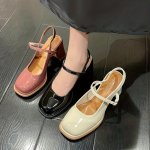 Women's Elegant Solid Color Pumps Square Toe Ankle Strap Buckle Slingback Chunky Heel Shoes Outdoor Preppy Dress Shoes