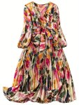 Plus Size Colorful Print Pleated Dress Long Sleeve Surplice Neck Elegant Dress For Spring & Fall Women's Plus Size Clothing