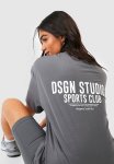 Sports Club Slogan Oversized T-Shirt - Charcoal