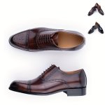 Men's Solid Cap Toe Brogue Oxfords With Top Leather Uppers Wear-resistant Lace-up Dress Shoes For Business Occasions Men's Offic