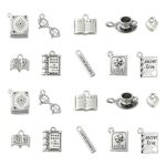 Ipotkitt 50 Pcs 10 Style Antique Silver Library Themed Charms Vintage Alloy Holy Bible Book Open Notebook Coffee Cup Heart Charm