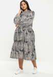 Plus Snakeskin Frilled Collar Tier Dress - Black & Beige