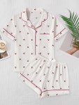 Women's Cherry Print Textured Sweet Pajama Set Short Sleeve Buttons Lapel Top & Shorts Comfortable Relaxed Fit