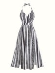 Striped Pattern V-neck Halter Dress Elegant Backless Aline Dress For Spring & Summer Women's Clothing