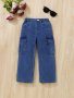 Girl's Casual Pocket Patched Jeans Elastic Waist Denim Cargo Pants Girl's Clothing