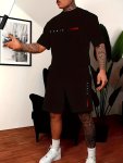 2-PIECE Men's "paris" Alphabet Print Summer Outfit Set Short Sleeve Crew Neck T-Shirt & Elastic Waist Shorts With Pockets