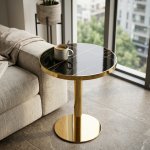Round Black Marble Effect Dining Table With Gold Pedestal Base