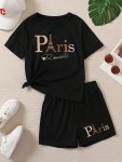 Paris" & The Eiffel Tower Print 2PCS Girls Casual & Comfortable Short Sleeve T-Shirt & Shorts Set Cute Lightweight And Comfy Sum